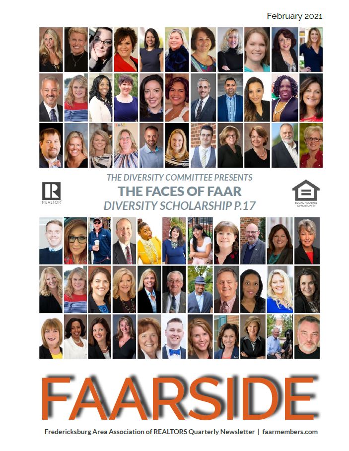 February realtor newsletter cover page with tiled grid of FAAAR member headshots and see the diversity scholarship on page 17