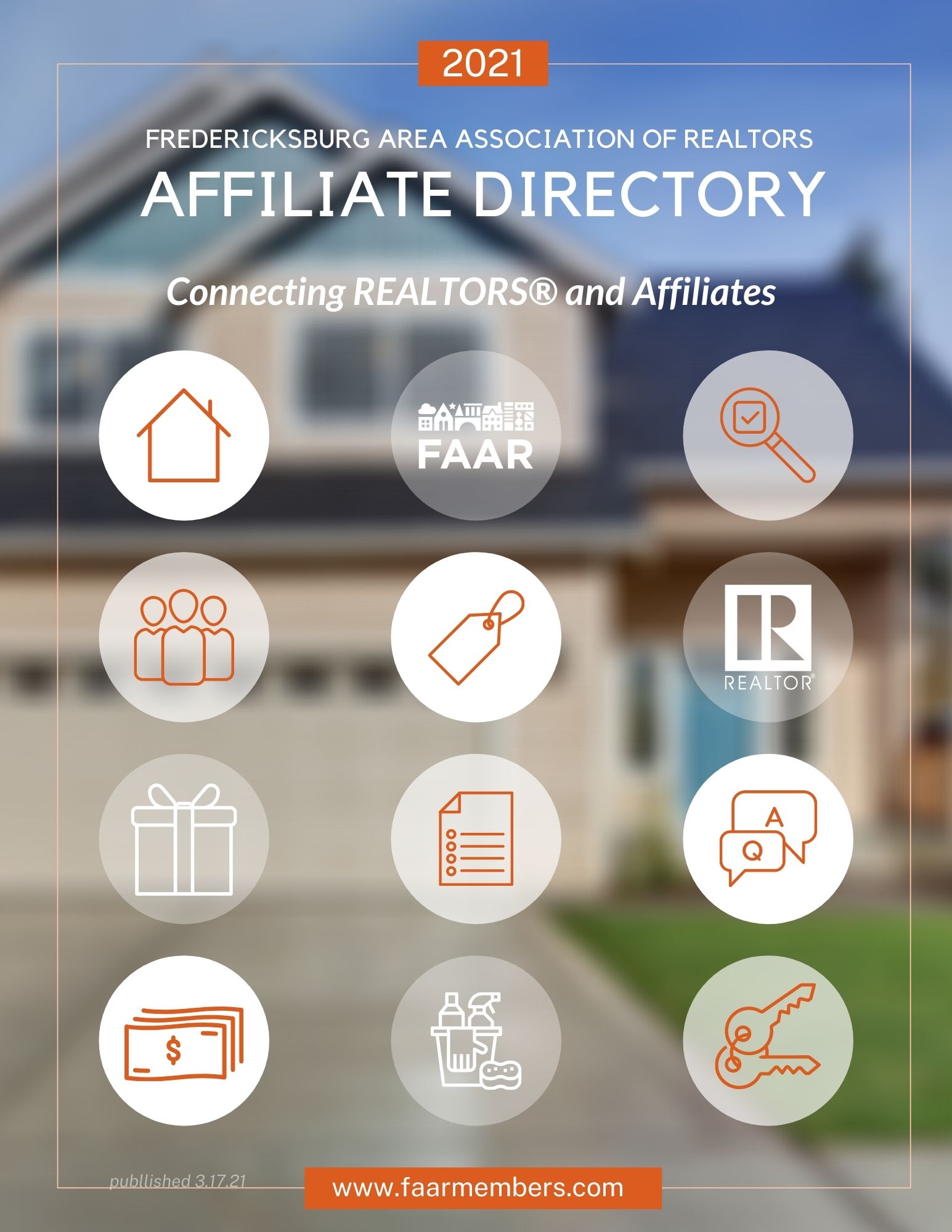 icons of realtor services are laid out in a grid over a blurred home titled 2021 fredericksburg area association of realtors affiliate directory connecting realtors affiliates