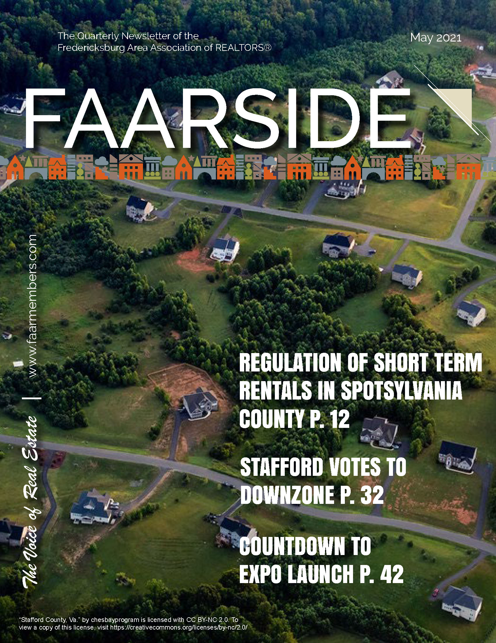 Cover of the May FAARside real estate newsletter shows homes on rolling hills in stafford
