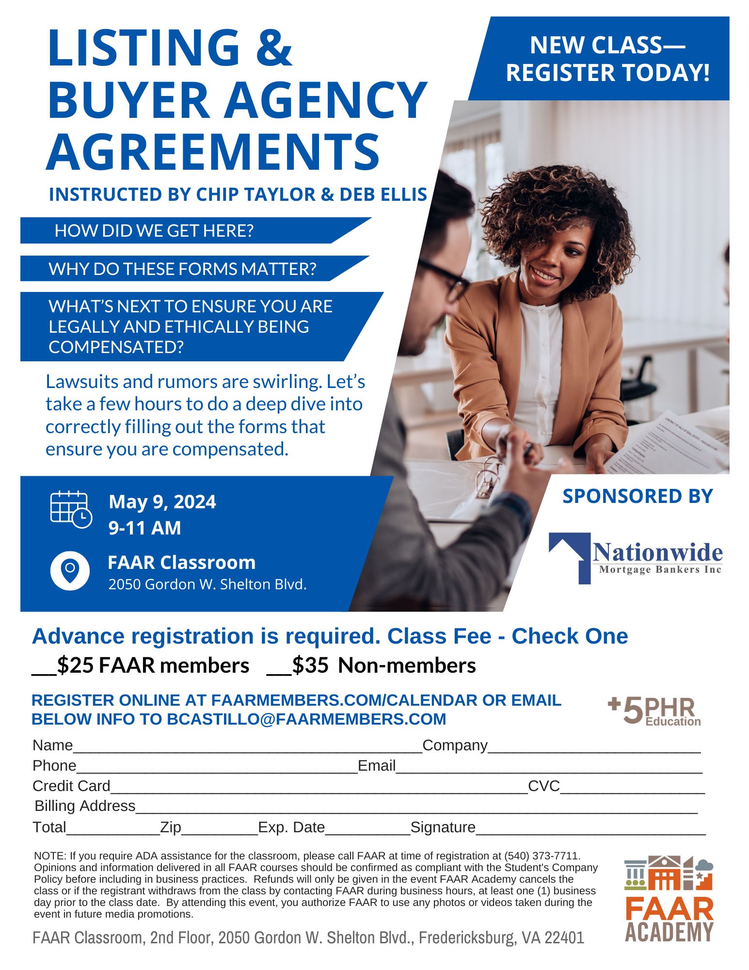 Listing & Buyer Agency Agreements real estate class flyer for May 9th, 2024 at FAAR from 9-11 AM. Call FAAR for registration or questions 540-373-7711.