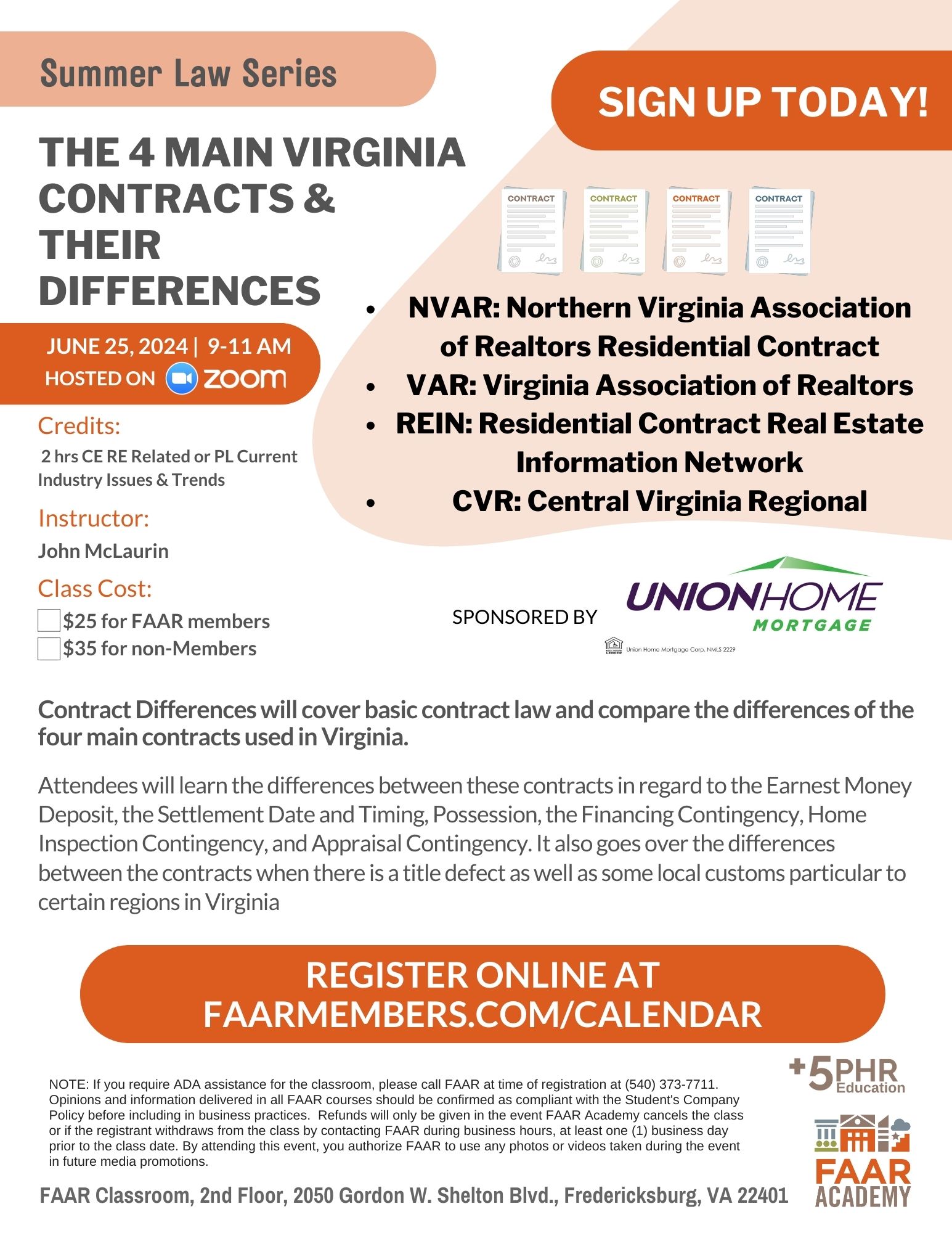 flyer for real estate class covering the four most common virginia real estate contracts seen in the Fredericksburg region. Call 540-373-7711 for help with regisstration.