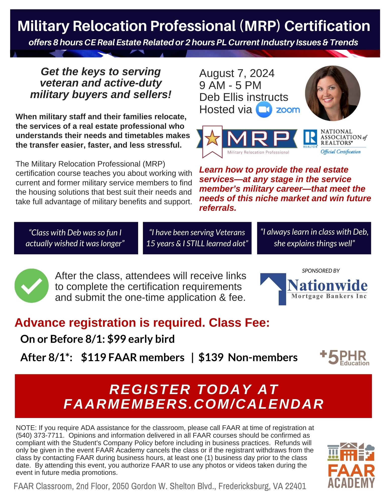 Flyer for August 7, 2024 Military Relocation Professional Certification Class hosted on zoom. Call 540-373-7711 for details.