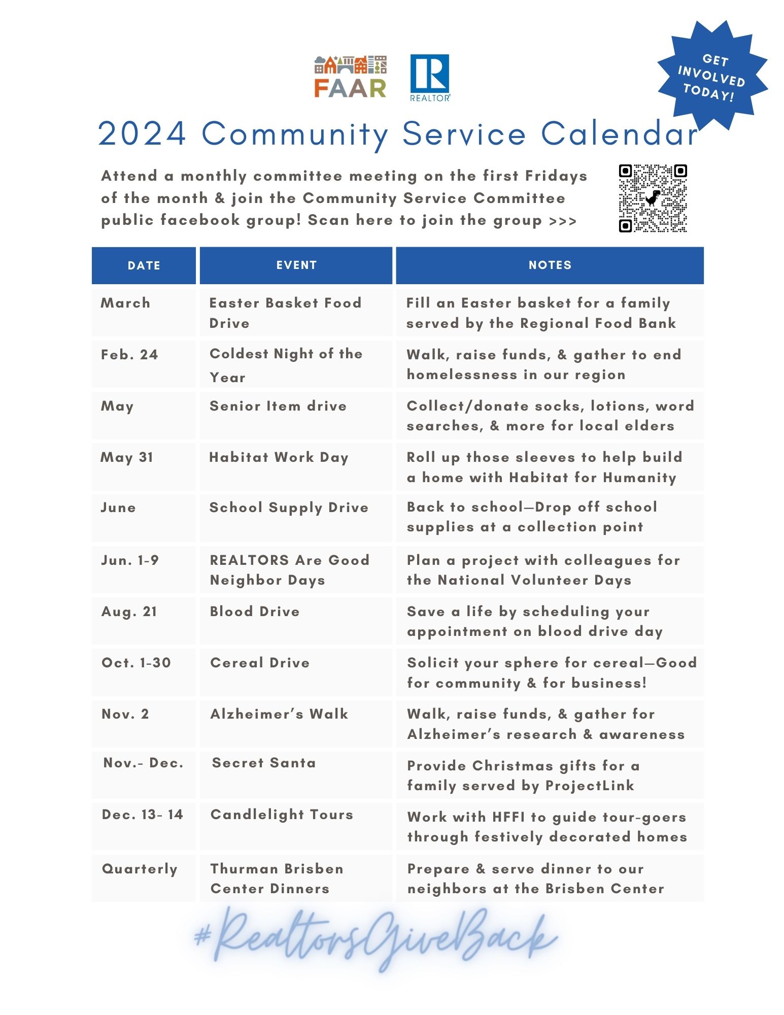 2024 FAAR Community Service Calendar projects list